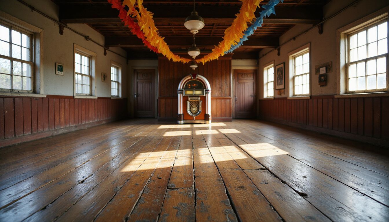 Aged wooden dance floor with vibrant decorations and a vintage jukebox.