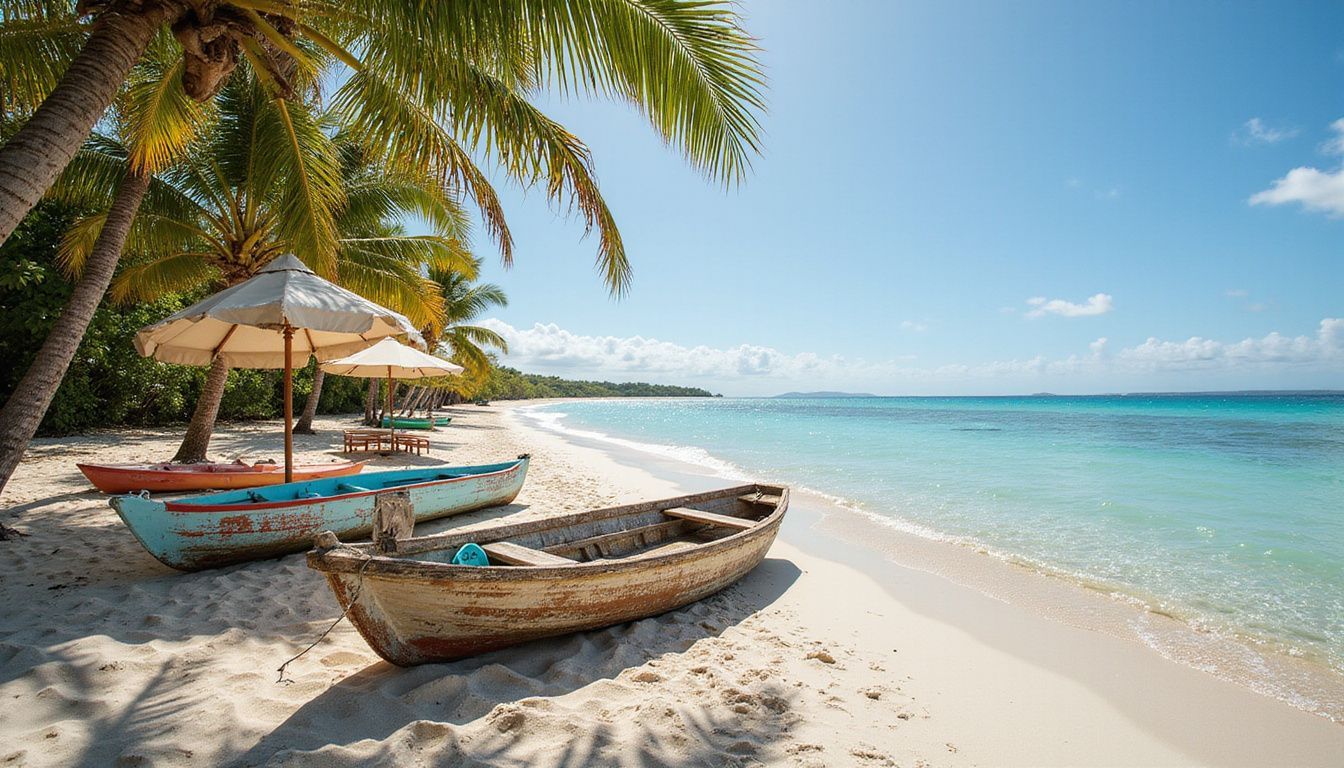 A serene beach scene with weathered boats and vibrant kayaks.