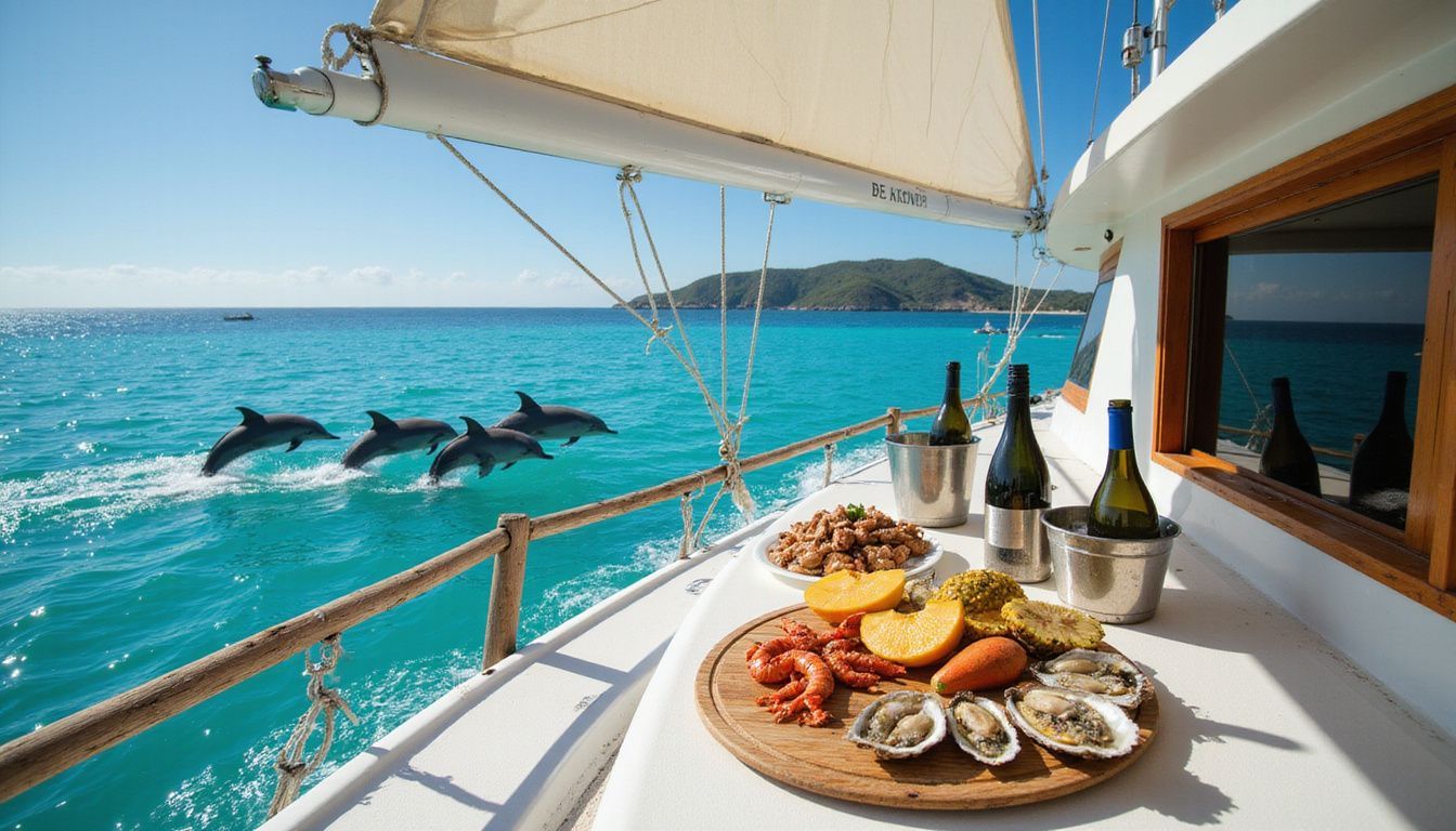 A luxurious catamaran glides through turquoise Caribbean waters with dolphins.