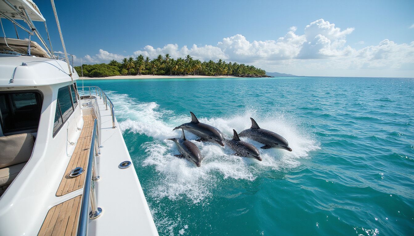 A white catamaran navigates Caribbean waters with dolphins leaping nearby.