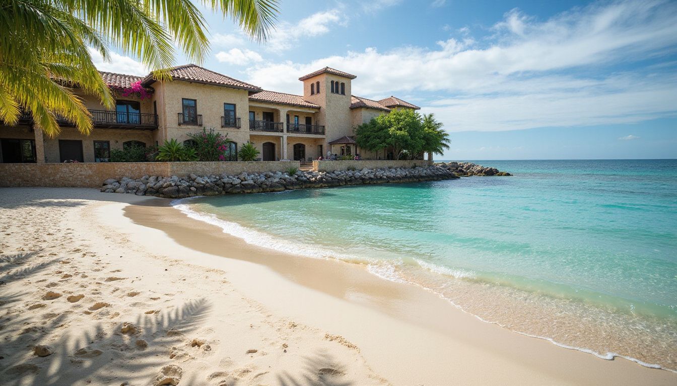 Tranquil beach in La Romana with a picturesque Mediterranean village backdrop.